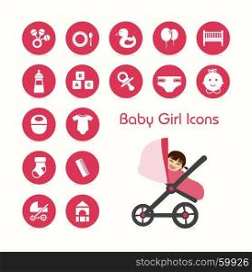Baby girl on stroller icons set