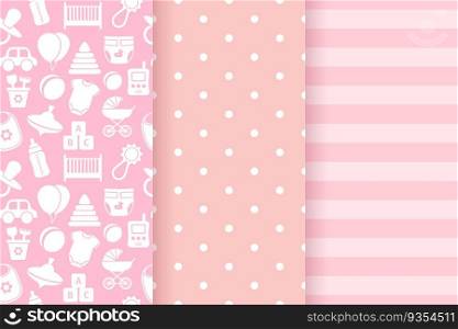 Baby girl pattern. Baby shower seamless background. Vector. Pink pastel childish textile print.. Baby shower seamless patterns for baby girl. Vector illustration.