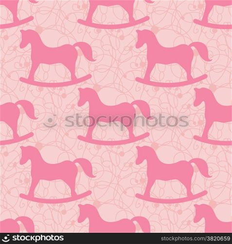 Baby girl seamless hand-drawn pattern with rocking horses, vector illustration in pink colors.