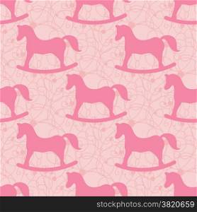 Baby girl seamless hand-drawn pattern with rocking horses, vector illustration in pink colors.