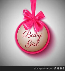Baby girl shower cute pink bow and round banner, vector illustration
