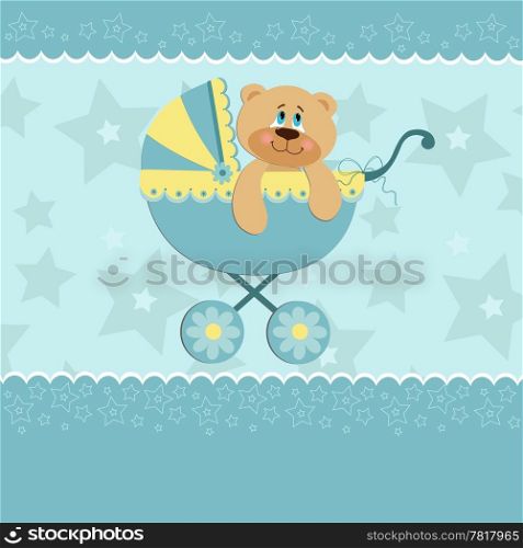 Baby greetings card with bear in stroller