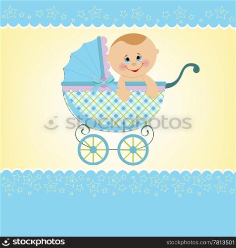 Baby greetings card with blue stroller
