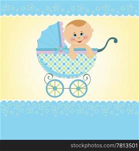 Baby greetings card with blue stroller
