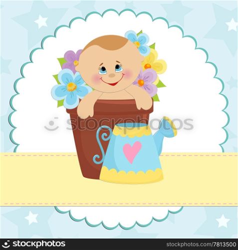 Baby greetings card with blue watering can