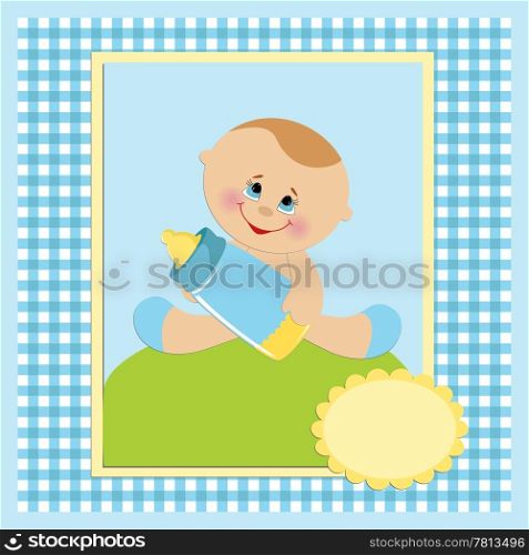 Baby greetings card with boy and bottle