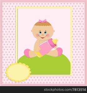 Baby greetings card with girl and bottle
