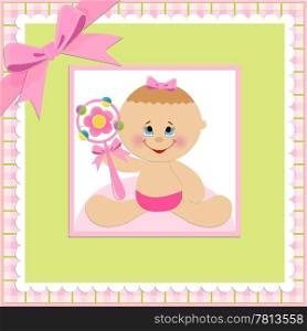 Baby greetings card with pink beanbag