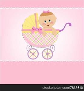 Baby greetings card with pink stroller