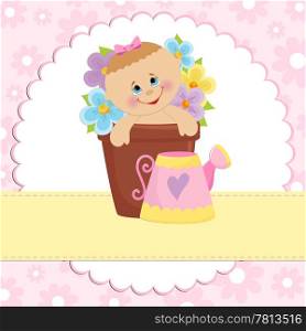 Baby greetings card with pink watering can