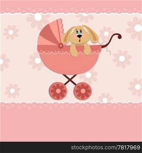 Baby greetings card with rabbit in pink stroller