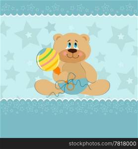 Baby greetings card with sitting teddy bear with beanbag