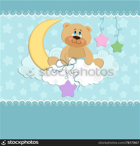 Baby greetings card with teddy bear on the moon