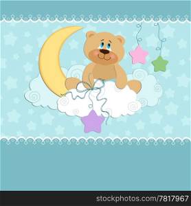 Baby greetings card with teddy bear on the moon