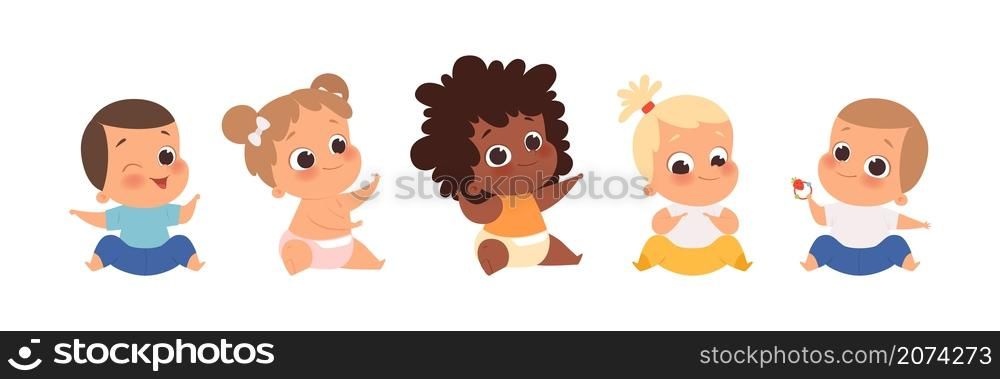 Baby group, multiethnic babies sitting. Isolated cartoon cute toddlers vector set. Child girl and boy unfant, kids cartoon happy. Baby group, multiethnic babies sitting. Isolated cartoon cute toddlers vector set