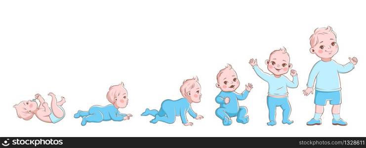 Baby growth process. Life cycle stages development, child from newborn to preschool. Boy crawling, sitting and going, vector cartoon first year characters. Baby growth process. Life cycle stages development, child from newborn to preschool. Boy crawling, sitting and going, vector cartoon characters