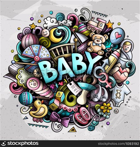 Baby hand drawn cartoon doodles illustration. Nursery funny objects and elements poster design. Creative art vector background.. Baby hand drawn cartoon doodles illustration. Creative art vector background.