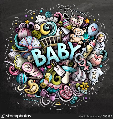 Baby hand drawn cartoon doodles illustration. Nursery funny objects and elements poster design. Creative art vector background.. Baby hand drawn cartoon doodles illustration. Chalkboard background