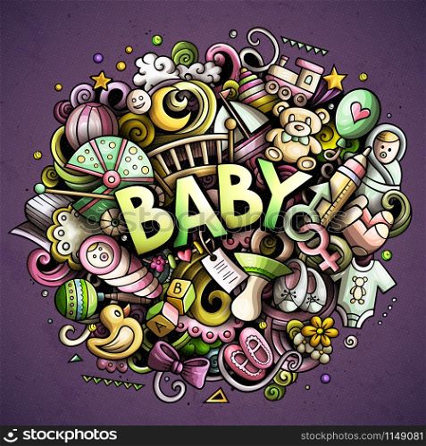 Baby hand drawn cartoon doodles illustration. Nursery funny objects and elements poster design. Creative art vector background.. Baby hand drawn cartoon doodles illustration. Creative art vector background.