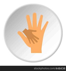 Baby hand in mother hand icon in flat circle isolated vector illustration for web. Baby hand in mother hand icon circle