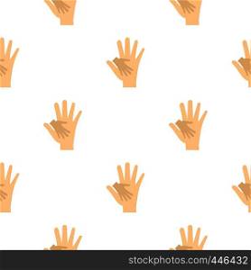 Baby hand in mother hand pattern seamless background in flat style repeat vector illustration. Baby hand in mother hand pattern seamless