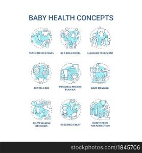 Baby health blue concept icons set. Infant care idea thin line color illustrations. Bringing up baby. Child mental and physical health. Vector isolated outline drawings. Editable stroke. Baby health blue concept icons set