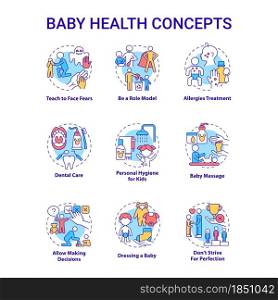Baby health concept icons set. Infant care idea thin line color illustrations. Bringing up baby. Child mental and physical health. Vector isolated outline drawings. Editable stroke. Baby health concept icons set