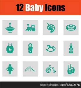 Baby icon set. Green on gray design. Vector illustration.