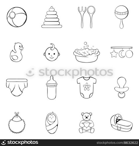 Baby icons set in outline style isolated on white background. Baby icons set vector outline