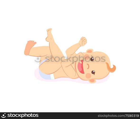Baby in diaper with finger in mouth isolated cartoon character. Vector newborn milestones, infant lying on back, cartoon boy or girl toddler stares at face. Milestones Baby in Diaper Stares in Face Vector