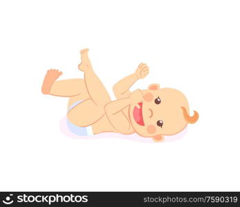 Baby in diaper with finger in mouth isolated cartoon character. Vector newborn milestones, infant lying on back, cartoon boy or girl toddler stares at face. Milestones Baby in Diaper Stares in Face Vector