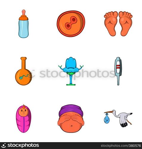 Baby in stomach icons set. Cartoon illustration of 9 baby in stomach vector icons for web. Baby in stomach icons set, cartoon style