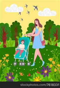 Baby in stroller and mother walking in green park with blooming flowers and green trees. Mom and son spend time outdoors, meadow in forest and blue sky. Baby in Stroller and Mother Walking in Green Park