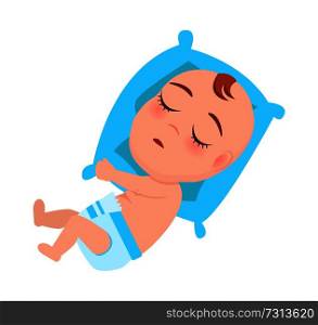 Baby infant in diaper sleeping on blue pillow, little person resting on couch vector illustration with little child isolated on white background. Baby Infant in Diaper Sleeps on Blue Pillow Vector