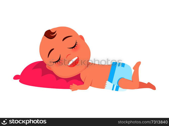 Baby infant in diaper sleeping on pink pillow, little person resting on couch vector illustration with little child isolated on white background. Baby Infant in Diaper Sleeps on Pink Pillow Vector