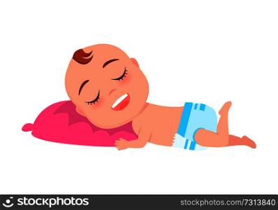 Baby infant in diaper sleeping on pink pillow, little person resting on couch vector illustration with little child isolated on white background. Baby Infant in Diaper Sleeps on Pink Pillow Vector