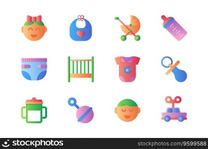 Baby items icons set in color flat design. Pack of girl, boy, bib, stroller, bottle, milk, diaper, crib, bodysuit, pacifier, toys, rattle and other. Vector pictograms for web sites and mobile app