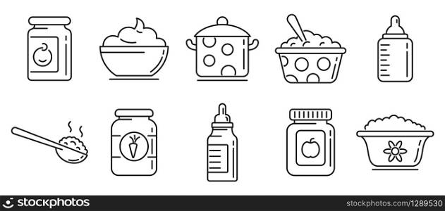 Baby kitchen icons set. Outline set of baby kitchen vector icons for web design isolated on white background. Baby kitchen icons set, outline style