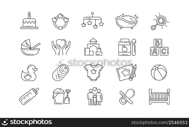 Baby line icon. Pictogram of pregnancy and newborn kids care. Infant and child. Mother and childhood. Maternity outline signs set. Loving family. Pacifier and toddlers toys. Vector symbols collection. Baby line icon. Pictogram of pregnancy and newborn kids care. Infant and child. Mother and childhood. Maternity signs set. Loving family. Pacifier and toys. Vector symbols collection