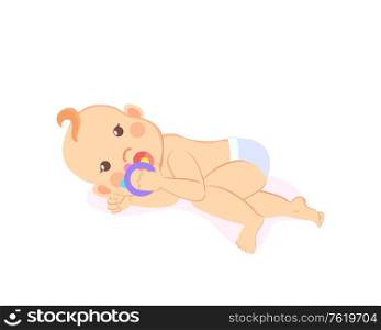 Baby lying on his back and playing with rattle isolated. Vector newborn toddler, milestones from 1 to 6 month cartoon boy or girl on white, son or daughter. Baby Lying on Back and Plays with Rattle Isolated