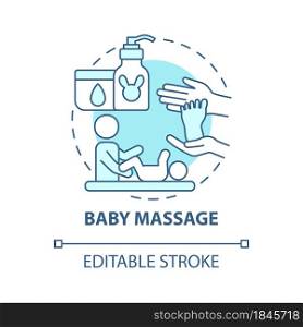 Baby massage blue concept icon. Rubbing infant body abstract idea thin line illustration. Bond between mother and child. Massaging to calm baby. Vector isolated outline color drawing. Editable stroke. Baby massage blue concept icon