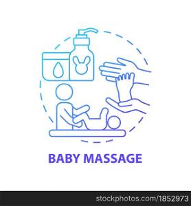 Baby massage blue gradient concept icon. Rubbing infant body abstract idea thin line illustration. Bond between mother and child. Massaging to calm baby. Vector isolated outline color drawing. Baby massage blue gradient concept icon