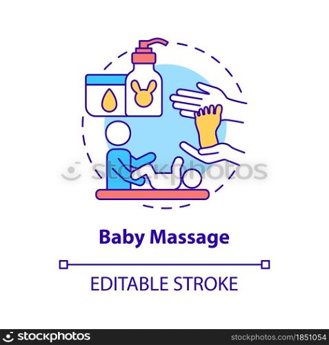 Baby massage concept icon. Rubbing infant body abstract idea thin line illustration. Bond between mother and child. Massaging to calm baby. Vector isolated outline color drawing. Editable stroke. Baby massage concept icon