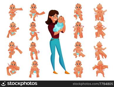 Baby massage set with mother and baby flat isolated vector illustration. Baby Massage Set