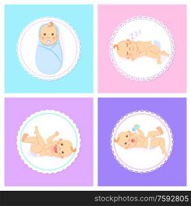Baby milestones from 1 to 6 months greeting cards. Vector swaddled child, sleeping in diaper, lying on back and playing, drinking milk from bottle. Baby Milestones from 1 to 6 Months Greeting Cards