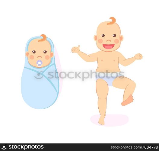 Baby milestones, period from 1 to 12 month, newborn swaddled infant and one year old toddler isolated. Children, baby shower concept. Vector illustration in flat cartoon style. Baby Milestones, Period from 1 to 12 Month Newborn