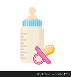 Baby milk bottle and dummy in cartoon flat style, stock vector illustration