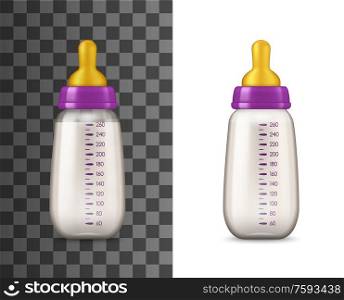 Baby milk bottle isolated mockup template. Vector realistic baby feeding plastic bottles with pacifier nipples and capacity volume measure lines, package mock up icons, nutrition for newborn kids. Baby milk bottle isolated 3d mockup template