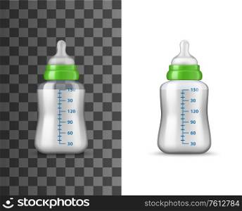 Baby milk bottle, isolated realistic vector mockup. Vector plastic bottle for baby feeding, flask with soother and capacity volume measure lines, package mock up, nutrition for newborn child. Baby milk bottle isolated object