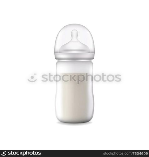 Baby milk bottle with cover isolated icon. Vector container with silicon or rubber pacifier, dairy drink. Breastfeeding, baby milk bottle isolated icon